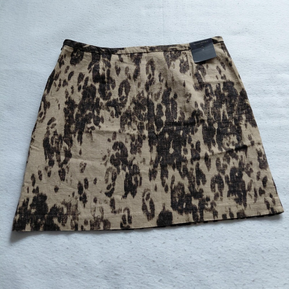 Y2K Banana Republic Mini Skirt Womens 14 Beige Leopard Animal Linen Blend NWT